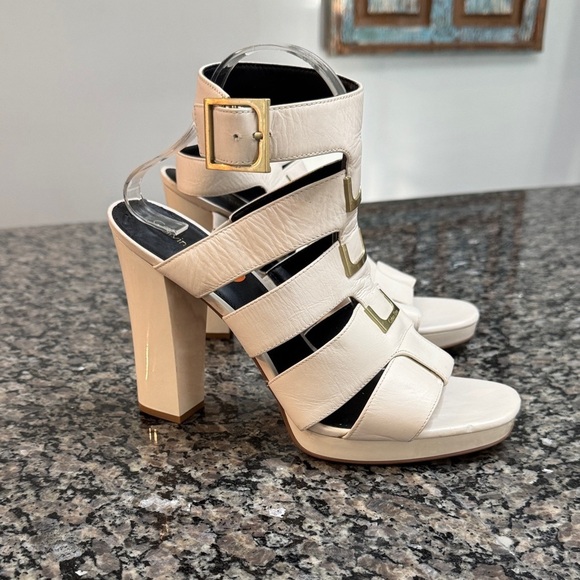 Calvin Klein Shoes - Calvin Klein White chunky Heels with Gold Accents EUC 11